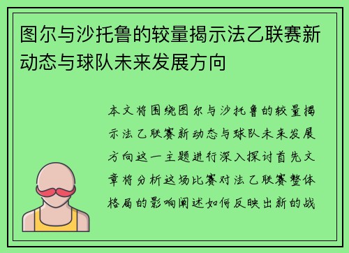 图尔与沙托鲁的较量揭示法乙联赛新动态与球队未来发展方向
